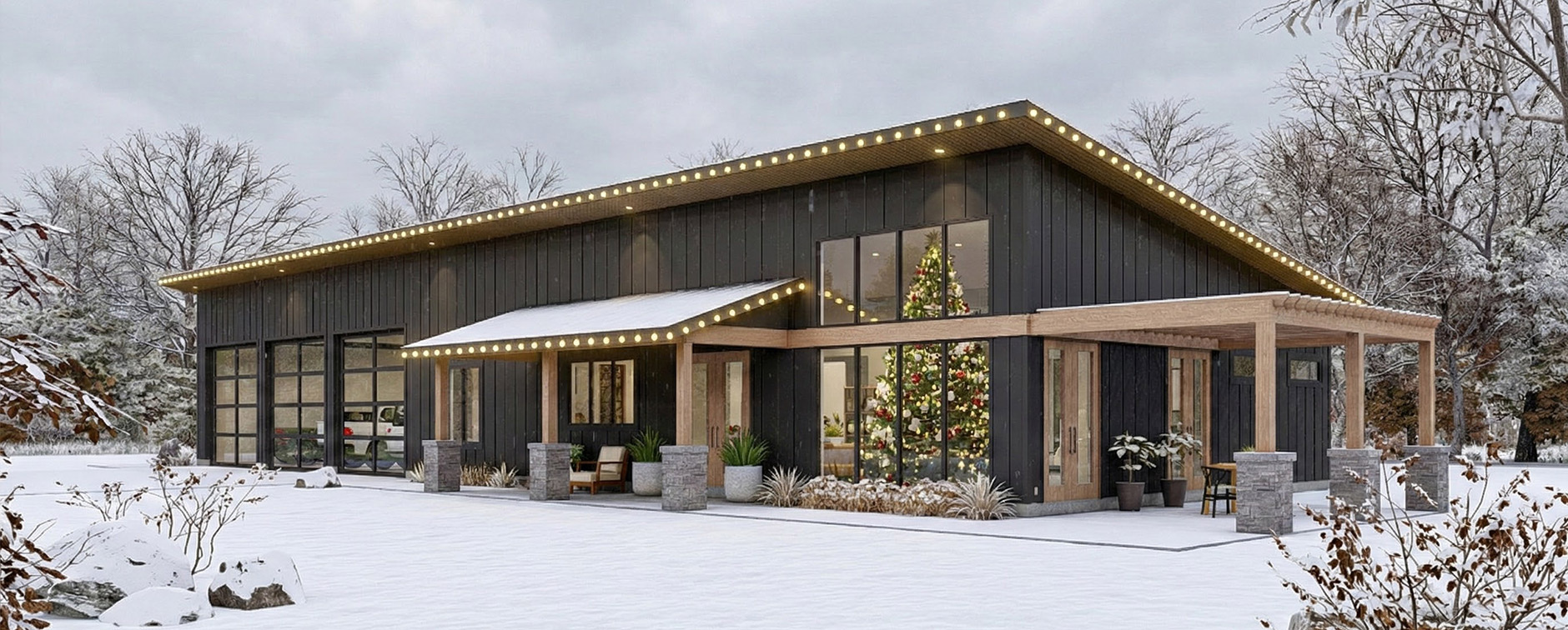 1 Story Barndominium House Plan with Large Garage - Exterior