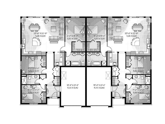 Single-Story European Style Duplex Plan
