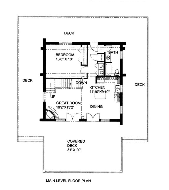 Small Log Cabin Plan with Huge Wraparound Deck 117-965 - Main Floor