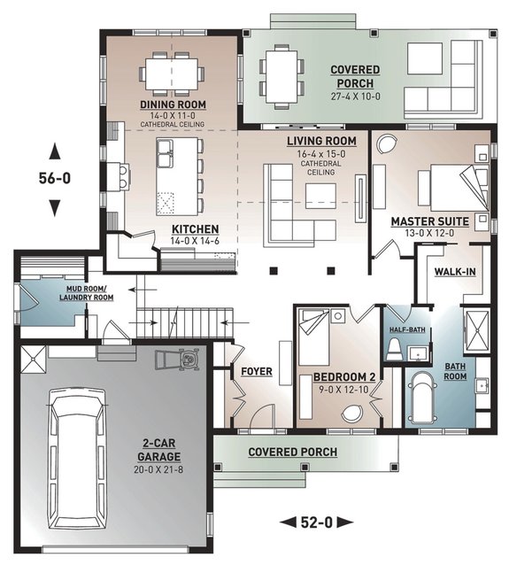 Small One Story 2 Bedroom Retirement House Plans