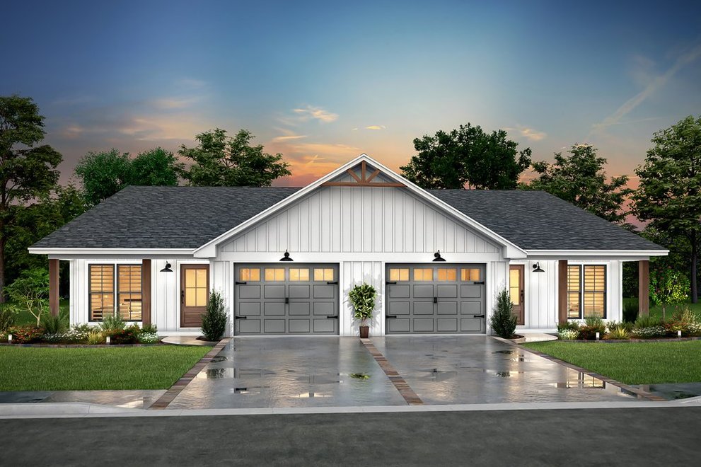 One-Story Duplex House Plans with Garage in the Middle