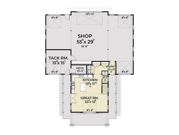 Small Modern Farmhouse Plan with Big Shop