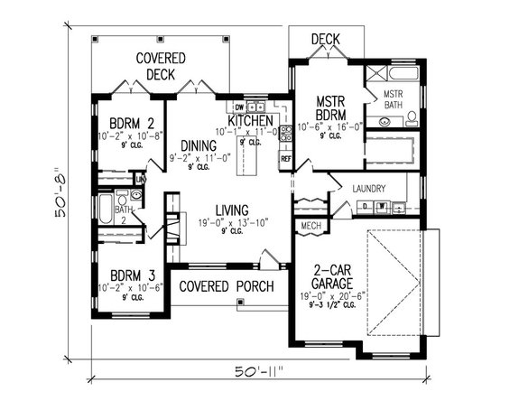 Small Ranch House Plan with Open Layout
