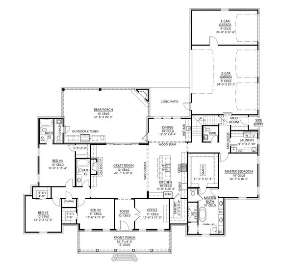 3 Car Garage House Plan with Outdoor Living