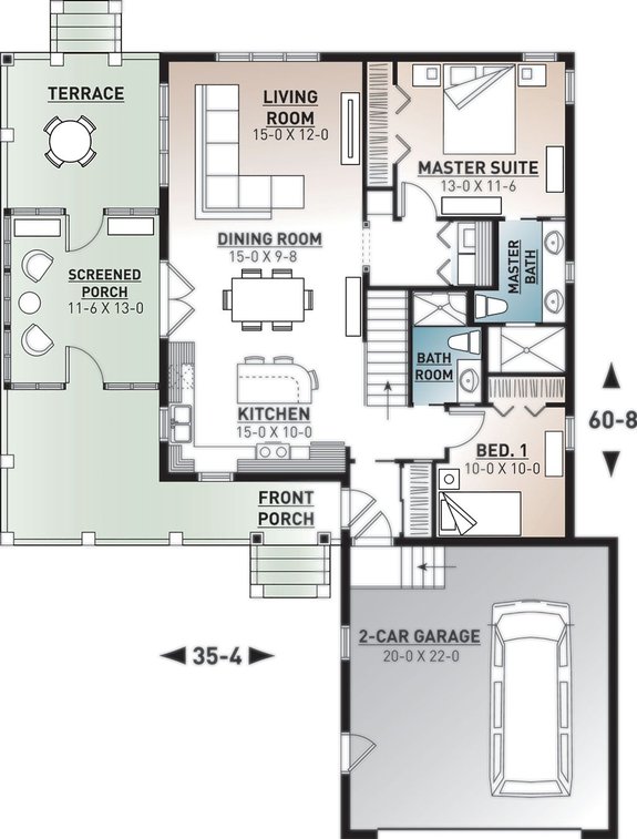 Small One Story 2 Bedroom Retirement House Plans