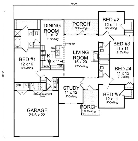 Small Five-Bedroom House Plan 513-18  - Main Floor
