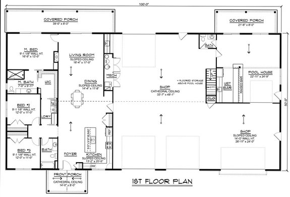 Barndominium Plan with Spacious Pool House Attached