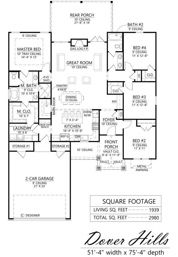 One-Story Farmhouse Plan with Storage