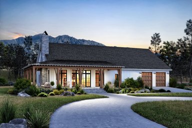 Click to read... Barndominium with Wraparound Porch and Garage Plans