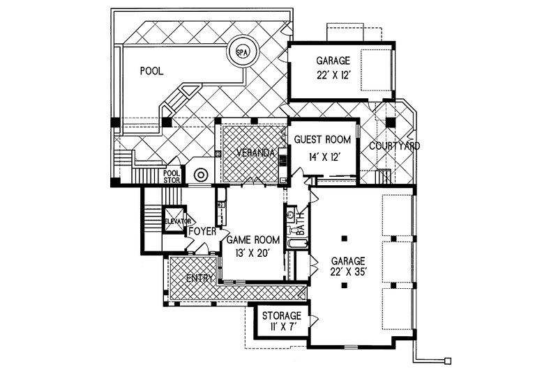House Design - Floor Plan - Lower Floor for Mediterranean House Plan #76-129 - 7 bed, 7.5 bath