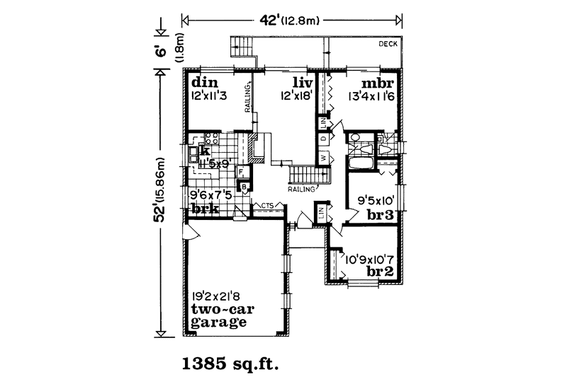 House Blueprint - Floor Plan - Main Floor for Prairie House Plan #47-956 - 3 bed, 1.5 bath
