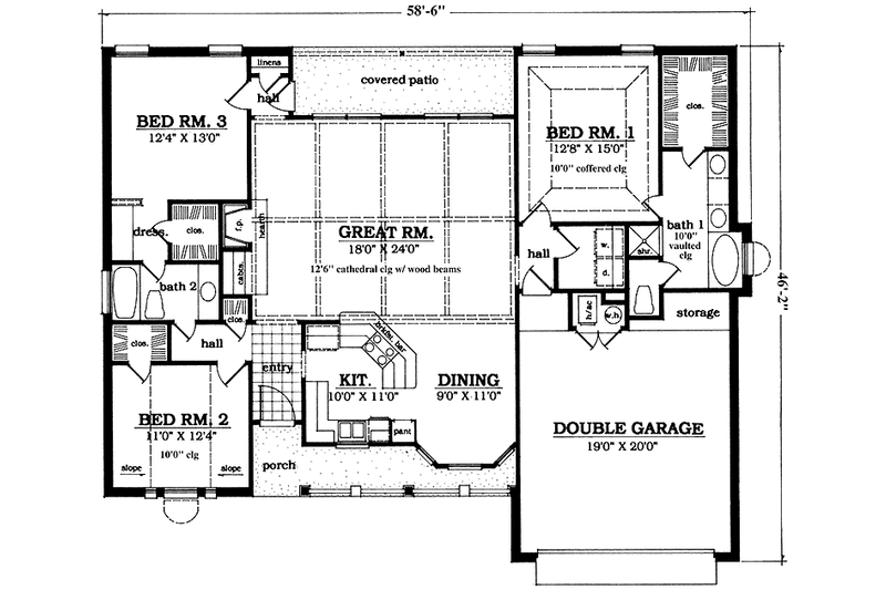 House Blueprint - Floor Plan - Main Floor for Country House Plan #42-653 - 3 bed, 2 bath