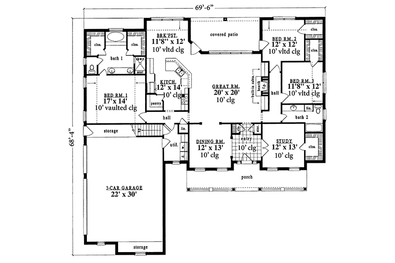 Dream House Plan - Floor Plan - Main Floor for Country House Plan #42-619 - 3 bed, 2 bath
