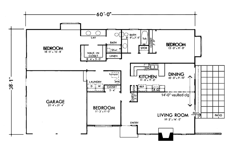 Home Plan - Floor Plan - Main Floor for Ranch House Plan #320-1396 - 3 bed, 2 bath