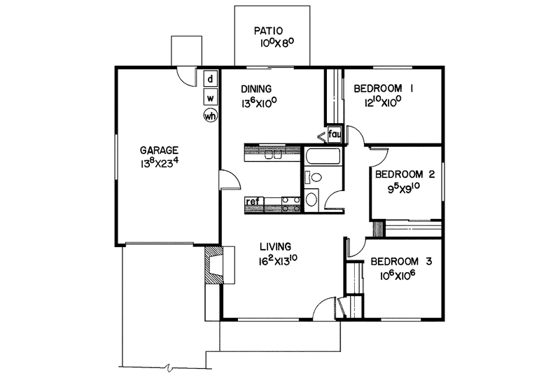 Home Plan - Floor Plan - Main Floor for Contemporary House Plan #60-758 - 3 bed, 1 bath