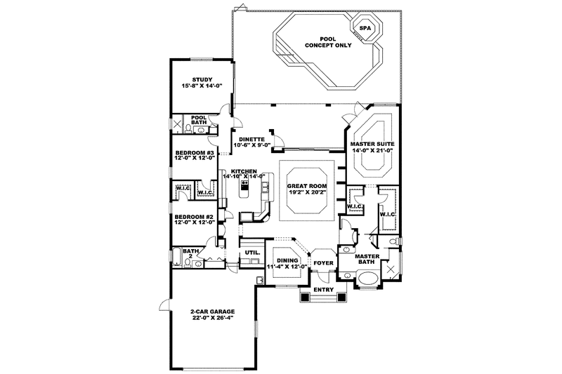 Home Plan - Floor Plan - Main Floor for Mediterranean House Plan #1017-141 - 3 bed, 3 bath