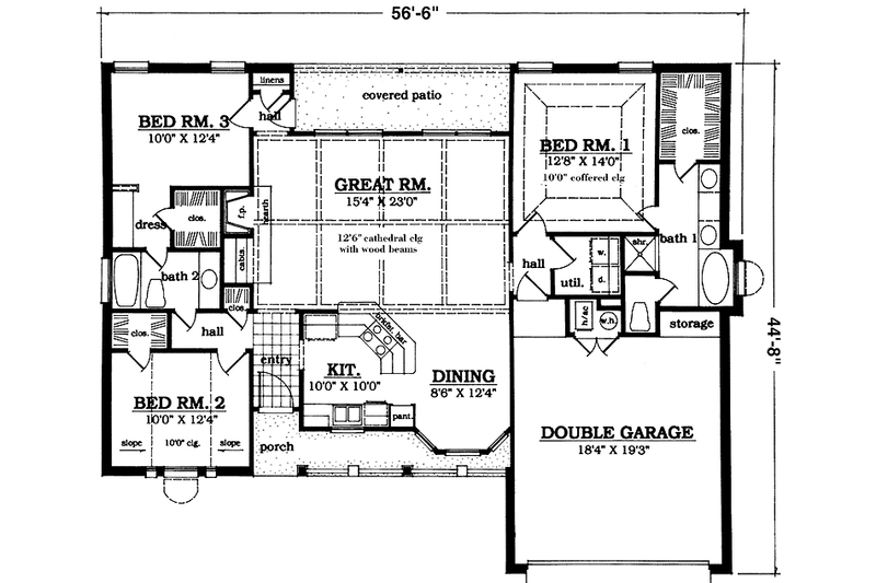 House Blueprint - Floor Plan - Main Floor for Country House Plan #42-665 - 3 bed, 2 bath