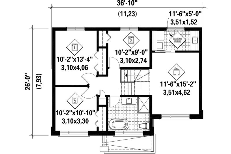House Blueprint - Floor Plan - Upper Floor for Contemporary House Plan #25-4733 - 3 bed, 1 bath