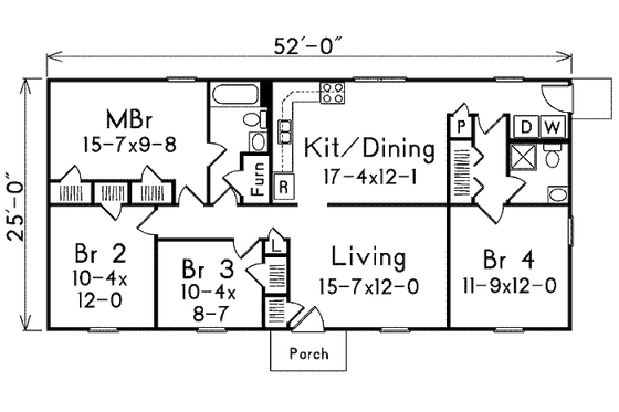 Floor Plan - Main Floor for Ranch House Plan #57-532 - 4 bed, 2 bath