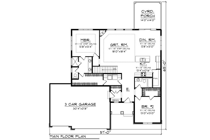 House Design - Floor Plan - Main Floor for Ranch House Plan #70-1458 - 2 bed, 2 bath