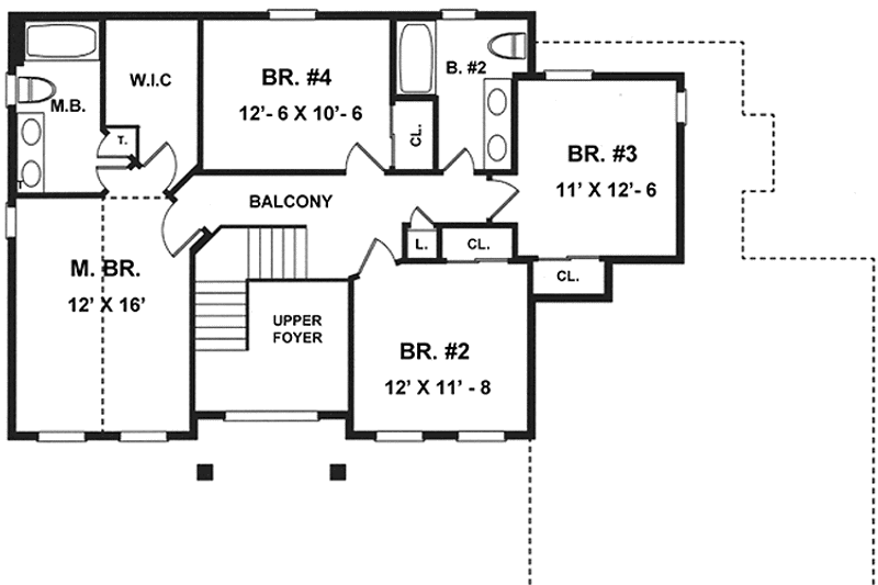 House Blueprint - Floor Plan - Upper Floor for Colonial House Plan #1001-108 - 4 bed, 2.5 bath