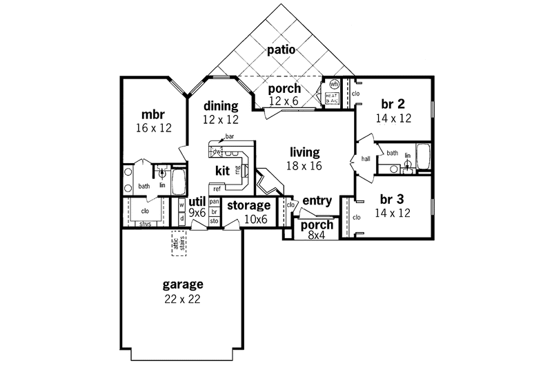Home Plan - Floor Plan - Main Floor for Traditional House Plan #45-406 - 3 bed, 2 bath