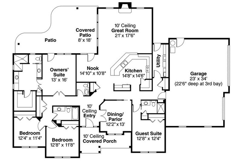 Ranch Style House Plan - 4 Beds 3.5 Baths 2629 Sq/Ft Plan #124-824 ...