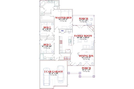 Floor Plan - Main Floor for Bungalow House Plan #63-133 - 3 bed, 2 bath