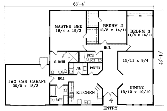 Floor Plan - Main Floor for Traditional House Plan #1-1421 - 3 bed, 2 bath