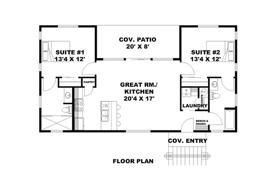 Floor Plan - Main Floor for Adobe / Southwestern House Plan #117-1032 - 2 bed, 2 bath