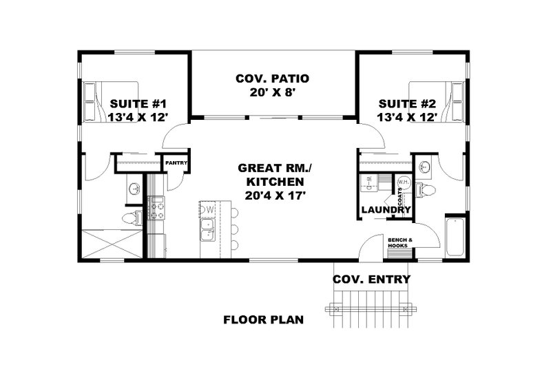 House Design - Floor Plan - Main Floor for Adobe / Southwestern House Plan #117-1032 - 2 bed, 2 bath