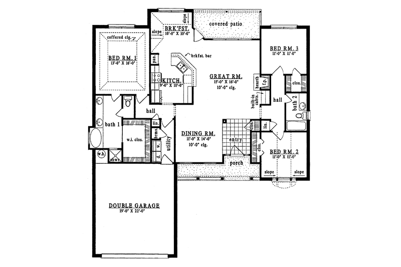 House Blueprint - Floor Plan - Main Floor for Country House Plan #42-488 - 3 bed, 2 bath
