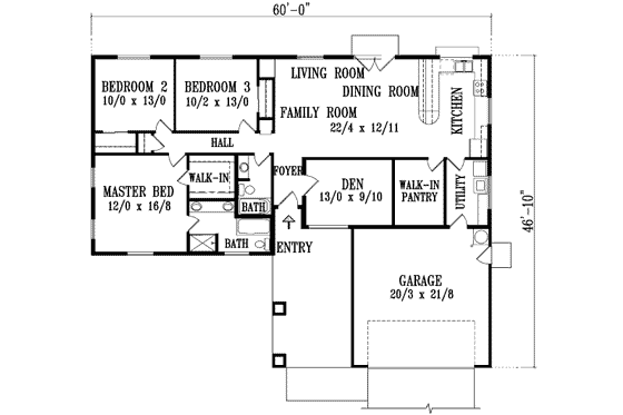 Floor Plan - Main Floor for Ranch House Plan #1-1321 - 3 bed, 2 bath