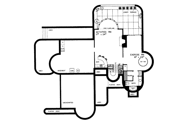 House Design - Floor Plan - Lower Floor for Contemporary House Plan #72-783 - 2 bed, 3.5 bath