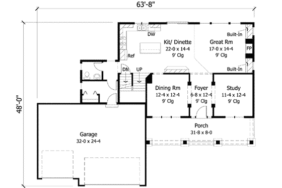 Floor Plan - Main Floor for Craftsman House Plan #51-212 - 3 bed, 2.5 bath