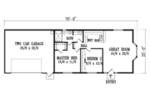 Floor Plan - Main Floor for Ranch House Plan #1-1043 - 2 bed, 1 bath