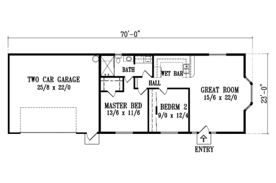 Floor Plan - Main Floor for Ranch House Plan #1-1043 - 2 bed, 1 bath
