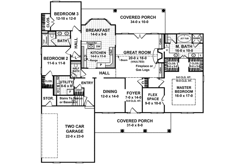 House Blueprint - Floor Plan - Main Floor for Southern House Plan #21-106 - 3 bed, 2.5 bath