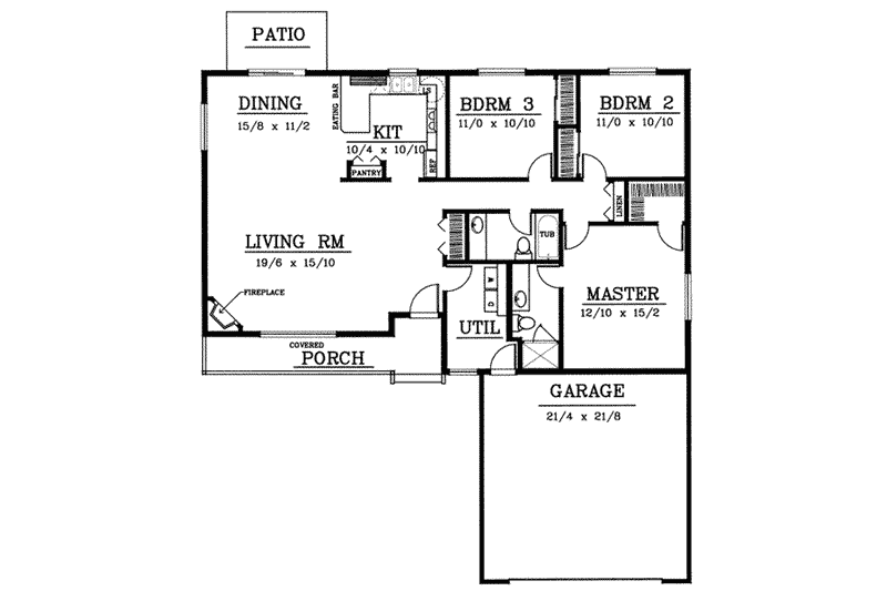 House Blueprint - Floor Plan - Main Floor for Ranch House Plan #100-102 - 3 bed, 2 bath