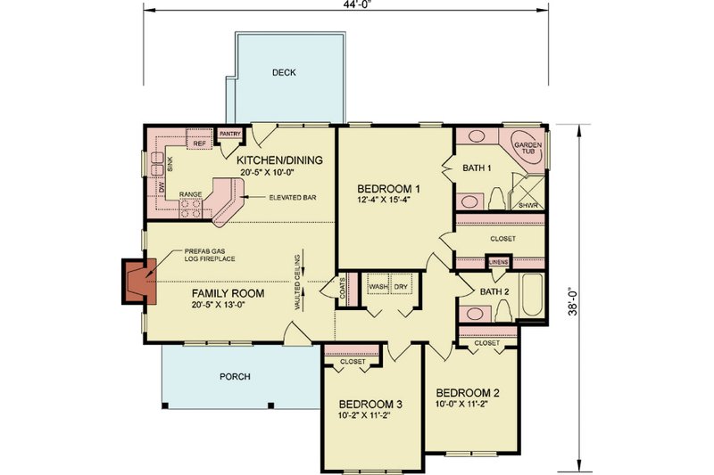 Architectural House Design - Floor Plan - Main Floor for Ranch House Plan #54-653 - 3 bed, 2 bath