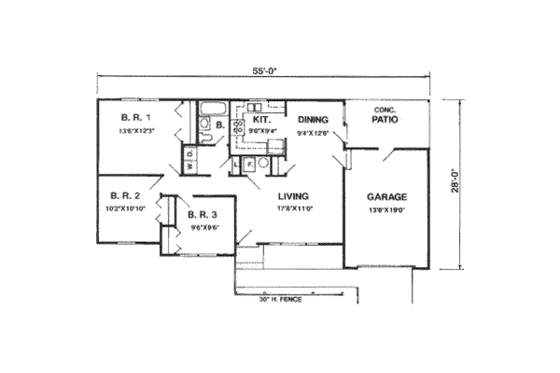 Floor Plan - Main Floor for Ranch House Plan #116-155 - 3 bed, 1 bath
