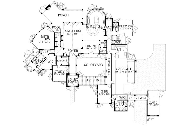 Home Plan - Floor Plan - Main Floor for Mediterranean House Plan #80-215 - 6 bed, 7 bath