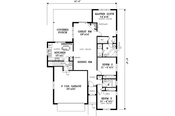 Floor Plan - Main Floor for Traditional House Plan #3-121 - 3 bed, 2 bath