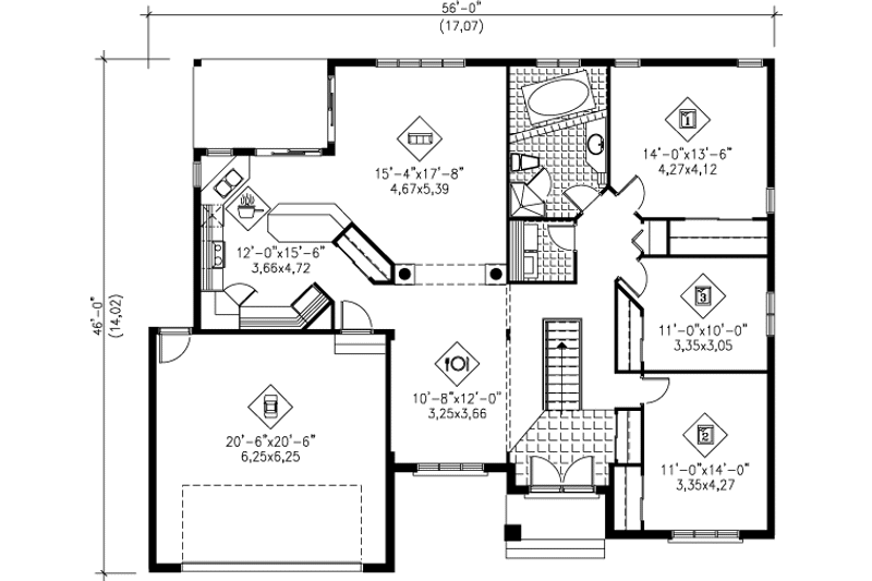 House Blueprint - Floor Plan - Main Floor for European House Plan #25-1072 - 3 bed, 1 bath