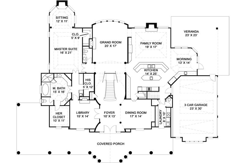 House Blueprint - Floor Plan - Main Floor for Southern House Plan #119-198 - 5 bed, 5.5 bath