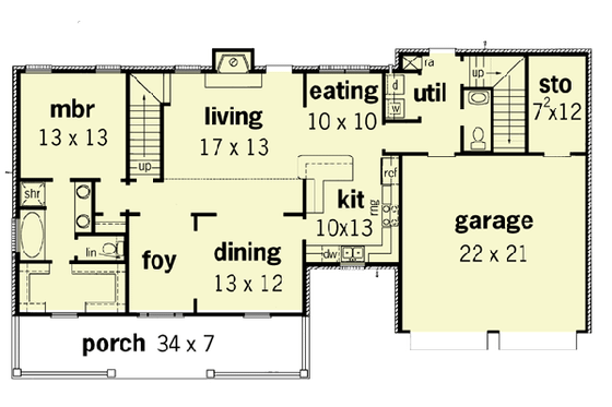 Floor Plan - Main Floor for Southern House Plan #16-202 - 3 bed, 2.5 bath