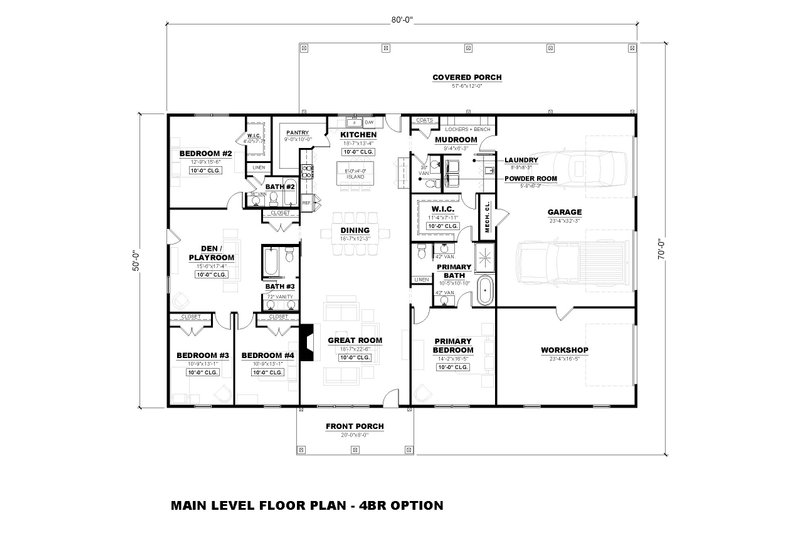 House Blueprint - Floor Plan - Main Floor for Barndominium House Plan #1117-5 - 4 bed, 3.5 bath