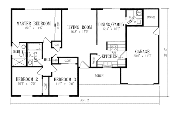 Floor Plan - Main Floor for Ranch House Plan #1-162 - 3 bed, 2 bath