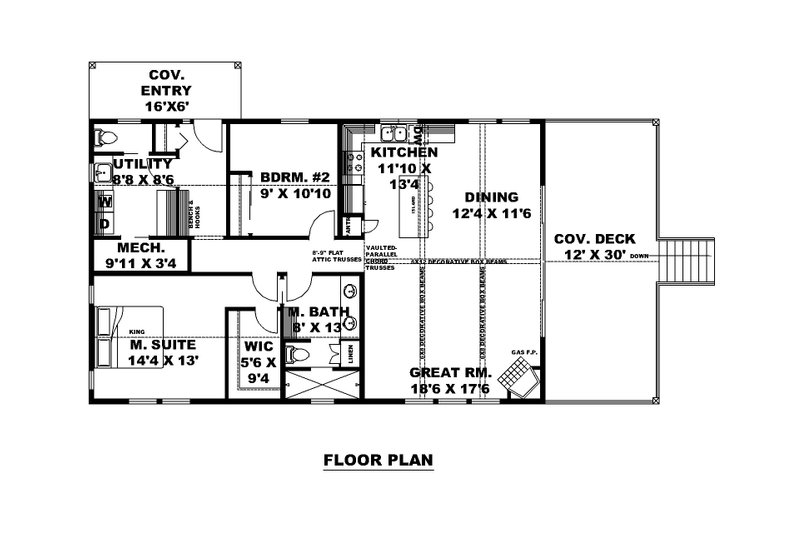 House Design - Floor Plan - Main Floor for Craftsman House Plan #117-1028 - 2 bed, 1.5 bath