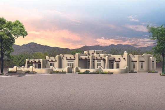 Exterior - Front Elevation for Adobe / Southwestern House Plan #72-482 - 3 bed, 3.5 bath